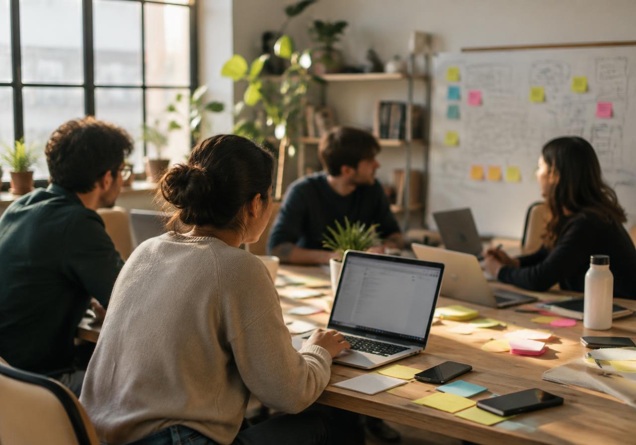 Small team of engineers working together at a shared table with laptops and sticky notes