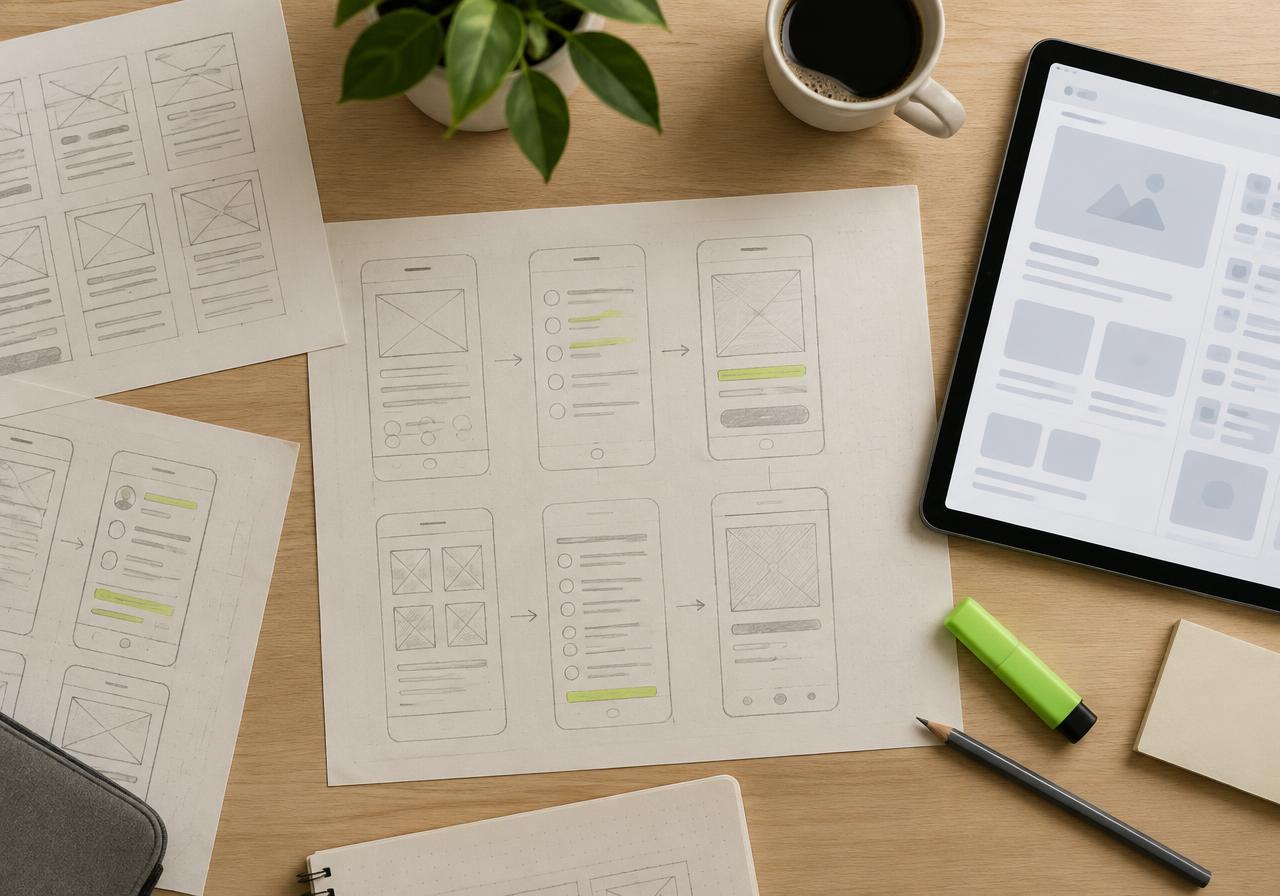 Paper wireframes of mobile screens beside a tablet showing a layout draft