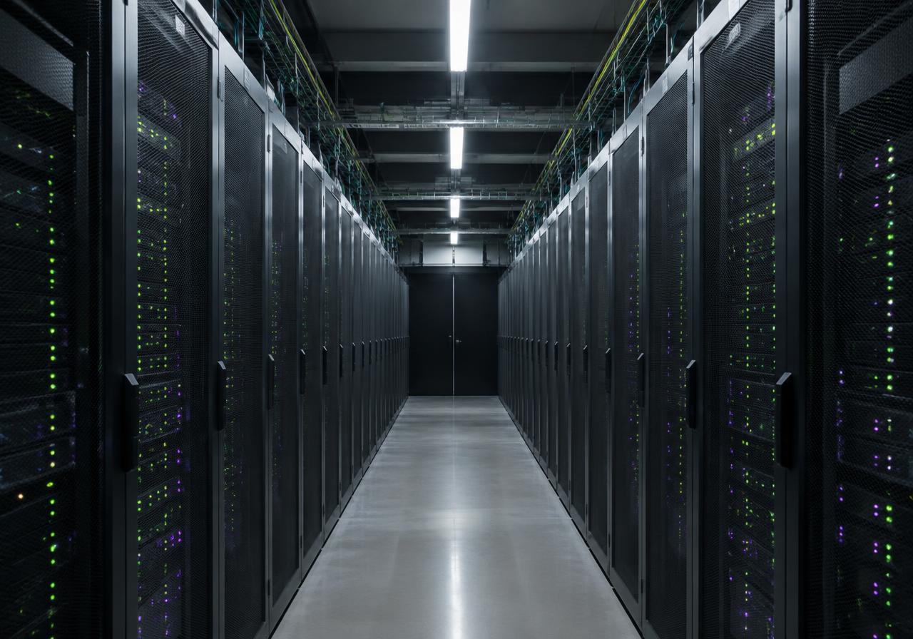 Data center corridor lined with server racks and small status lights