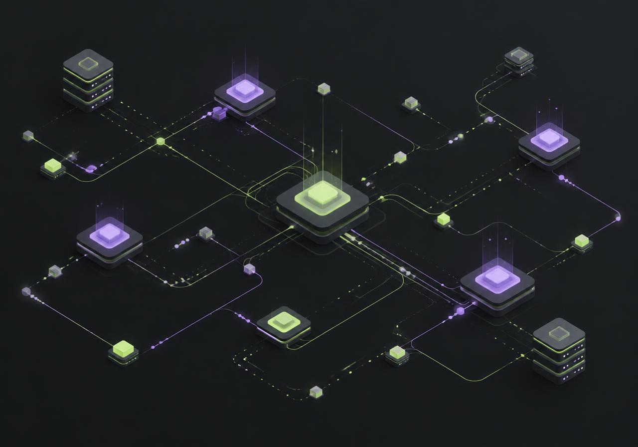 Isometric illustration of connected system nodes linked by data paths